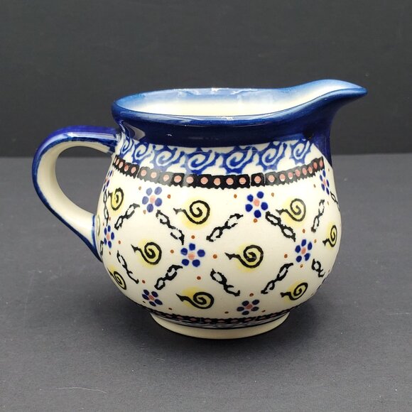 Polish Pottery Bubble Creamer Boleslawiec Blue Yellow Swirl Small Pitcher - Picture 2 of 8
